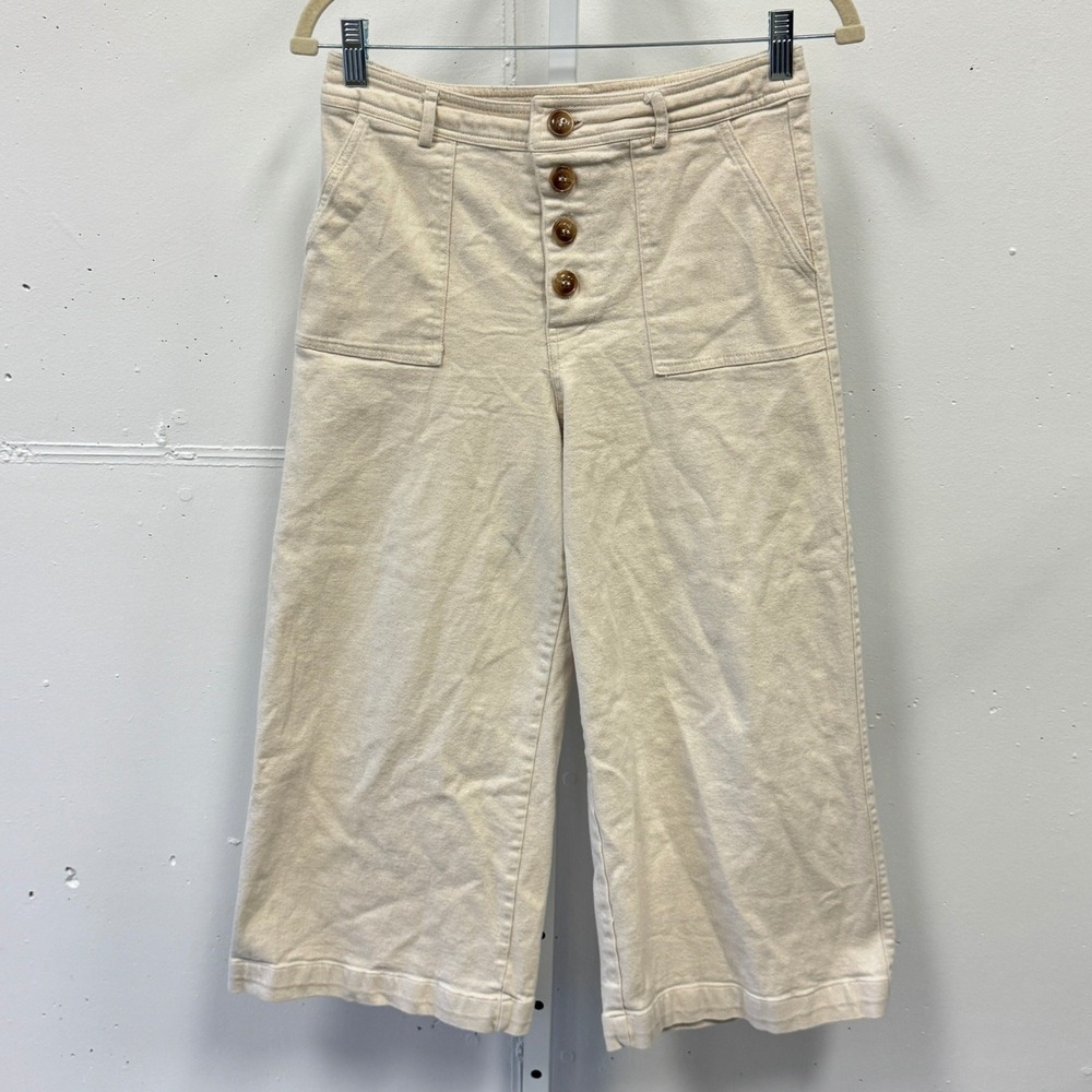 Blue Rain Cream Wide Leg Cropped Palazzo Pants Button Fly Front Pocket Medium - Picture 2 of 7